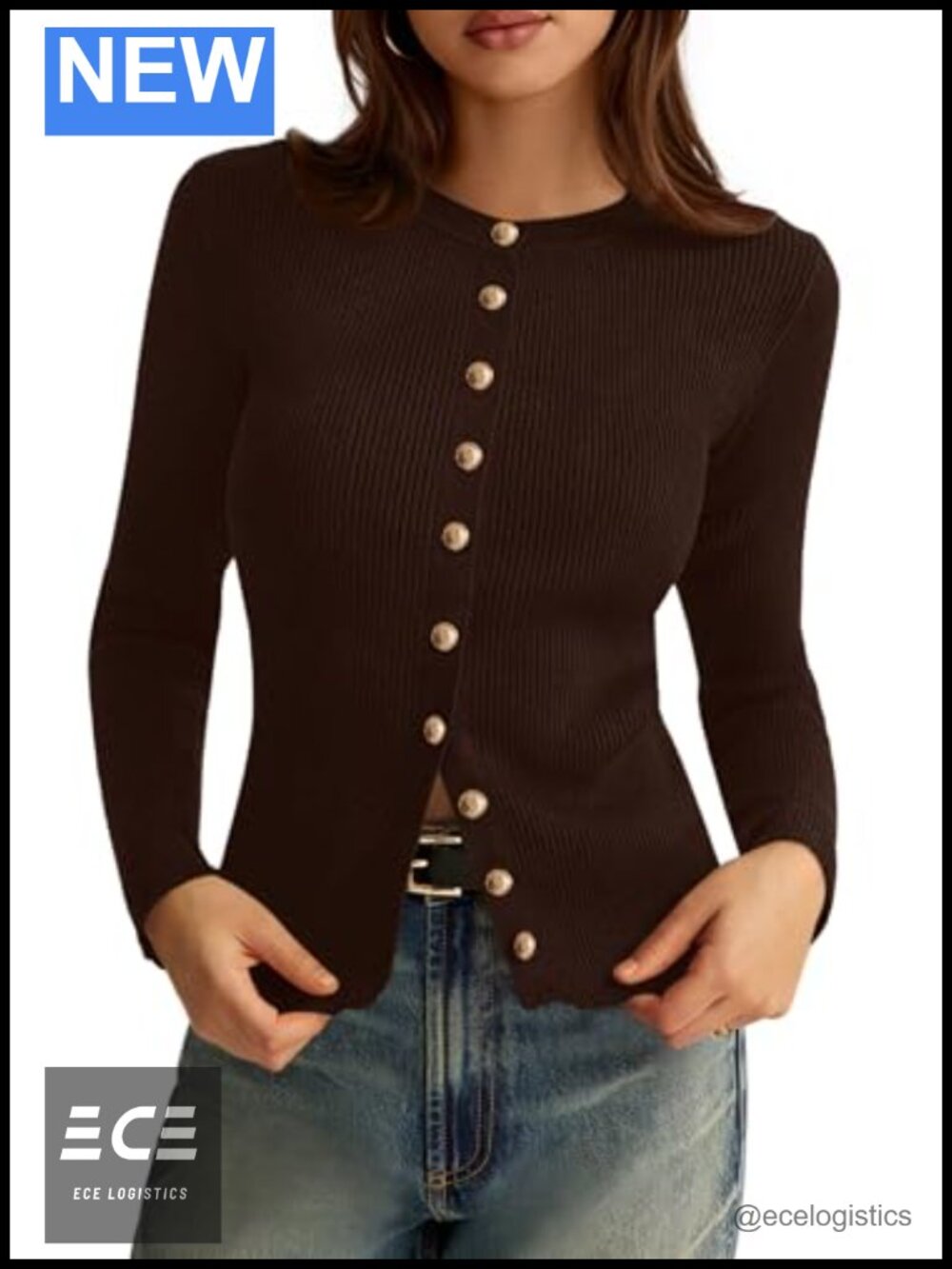 Women's Ribbed Knit Button Down Crewneck Cardigan Lightweight Fall Layering